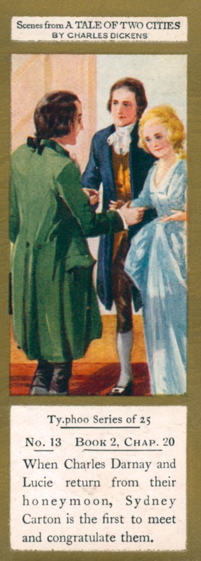 Illustrasjon til En fortelling om to byer av Charles Dickens (fargelitografi) av English School