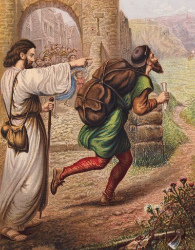 Illustrasjon til Pilegrimsreisen av John Bunyan (fargelitografi) av English School