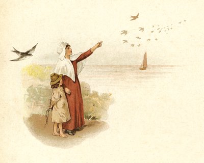 Illustrasjon til Julenissens ankomst (fargelitografi) av English School