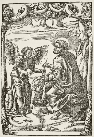 Illustrasjon fra begynnelsen av Tyndales første engelske oversettelse av Det nye testamente, utgitt i Köln i 1525, fra The National and Domestic History of England av William Hickman Smith Aub av English School