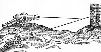 Illustrasjon av Cannon Fire in The Art of Gunnery av Thomas Smith (fl.1600-27), 1628 av English School