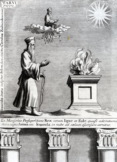 Illustrasjon av Zoroaster som tilber ild og sol, 1697 av English School