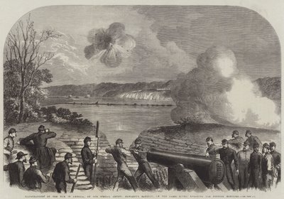 Illustrasjoner av krigen i Amerika, Howlett's Battery, ved James River, engasjerende Federal Monitors (gravering) av English School