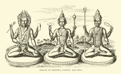 Bilder av Brahma, Vishnu og Siva av English School