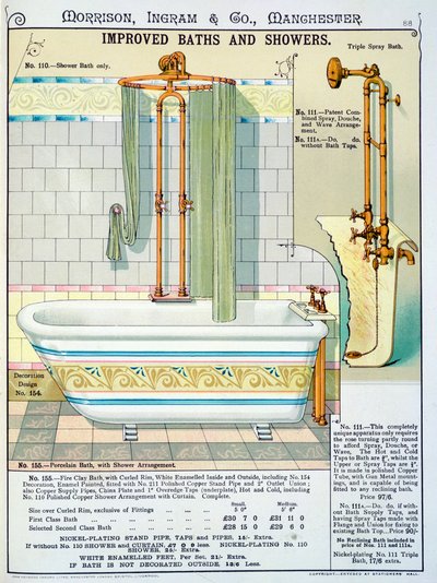 Forbedrede bad og dusjer fra en katalog over sanitærutstyr produsert av Morrison, Ingram & Co., Manchester, utgitt ca. 1890 av English School