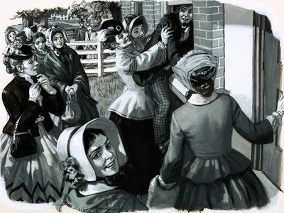 I 1848 arrangerte Elizabeth Cady Stanton et suffragettemøte i New York (gouache på papir) av English School