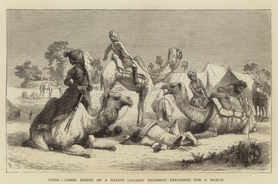 India, kamelryttere av et innfødt kavaleriregiment som forbereder seg på en mars (gravering) av English School