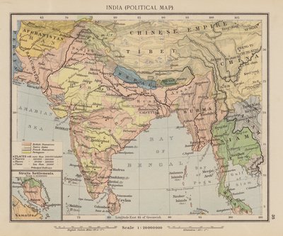 India, politisk kart (fargelitografi) av English School