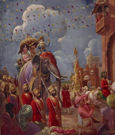 Indisk prosesjon med elefant, maleri av Sobha Singh, fra Indian Supplement of Illustrated London News av English School