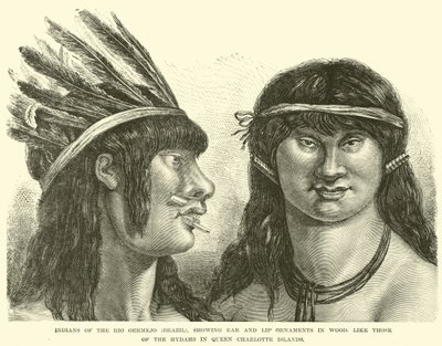 Indianere fra Rio Oermejo (Brasil), som viser øre- og leppepynt i tre, som de fra Hydahs på Queen Charlotte Islands av English School