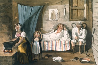 Inside a Cottage, fra A Picturesque Tour of the English Lakes av T.H. Fielding og J. Walton, utgitt av R. Ackermann, London, 1821 (håndfarget akvatint) av English School