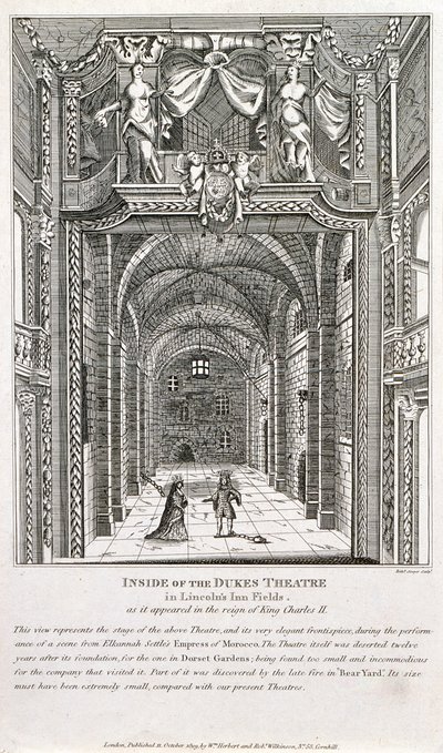 Innsiden av Dukes Theatre, London, gravert av Richard Sawyer, 1820 av English School