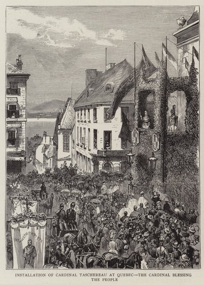 Installasjon av kardinal Taschereau i Quebec, kardinal som velsigner folket (gravering) av English School