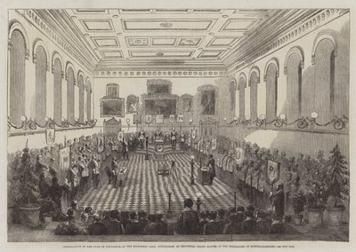 Installasjon av hertugen av Newcastle ved Mechanics' Hall Nottingham som provinsiell stormester for frimurerne i Nottinghamshire (gravering) av English School