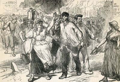 Opprørere herjer i gatene i Paris, hentet fra Cassells Illustrated History, 1872 av English School