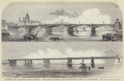 Tiltenkt New Blackfriars Bridge, London, London, Chatham og Dover Railway Bridge, ved Blackfriars (gravering) av English School
