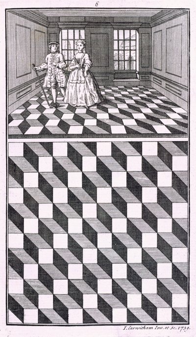 Interiør, illustrasjon fra forskjellige typer gulvdekorasjoner, av John Carwitham, 1739, bw gravering av English School