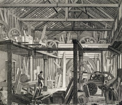 Innvendig utsikt over John Bunyans Meeting House i Zoar Street, Gravel Lane, Southwark, brukt som verksted og sagbruk, ca. 1822 (se også 190619) av English School