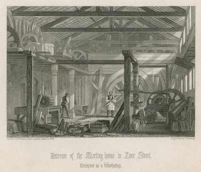 Interiør av John Bunyans møtehus i Zoar Street, Gravel Lane, Southwark av English School