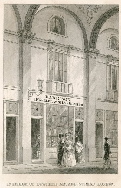Interiør i Lowther Arcade, Strand, London, med Harrison, gullsmed og sølvsmed av English School