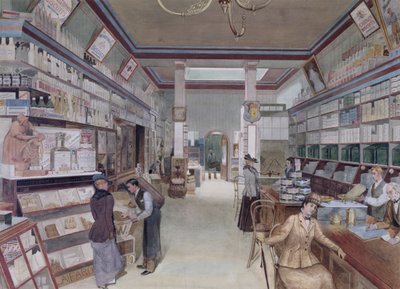 Interiør i en London-butikk, sent på 1800-tallet (wc på papir) av English School