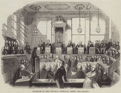 Interiøret i Central Criminal Court, Old Bailey (gravering) av English School