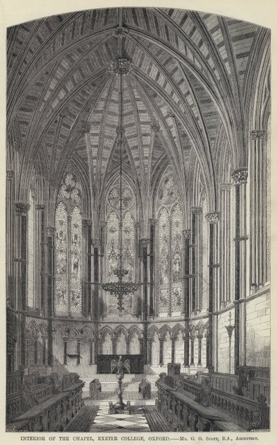 Interiør av kapellet, Exeter College, Oxford (gravering) av English School