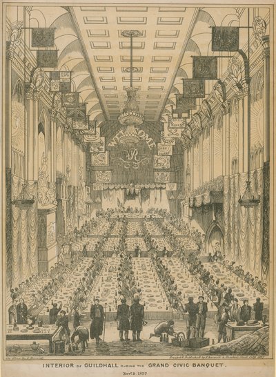 Interiør i Guildhall under den store borgerbanketten, 9. november 1837 av English School