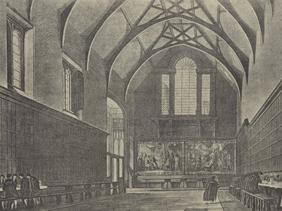 Interiør i hallen, 1816 (gravyr) av English School