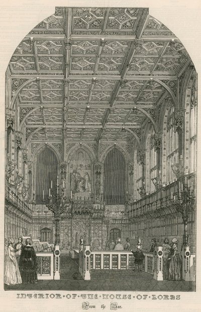 Interiør i House of Lords, Westminster, London, fra baren av English School
