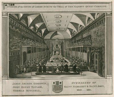 Interiør i House of Lords under rettssaken mot Hennes Majestet Dronning Caroline av English School
