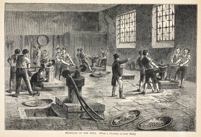 Myntverkets interiør, fra en tegning fra ca 1820 av English School