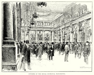 Interiøret i Royal Exchange, Manchester (gravering) av English School