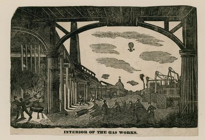 Interiøret i gassverket, Brick Lane, Spitalfields, London, rundt 1820 av English School