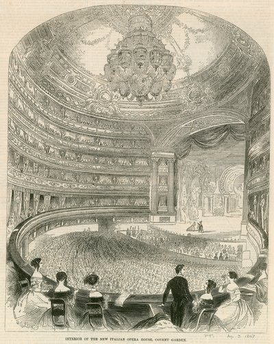 Interiør i det nye italienske operahuset, Covent Garden, London av English School