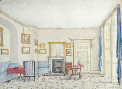 Interiør på Curzon Street, ca. 1830 (wc med penn og blekk på papir) av English School