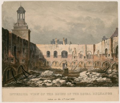 Innvendig visning av ruinene av Royal Exchange, London, tatt 11. januar 1838 av English School