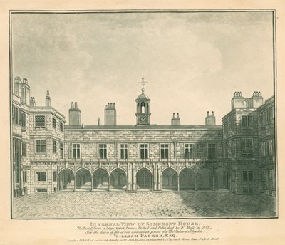 Innvendig visning Somerset House, The Strand, London; basert på et trykk tegnet av W Moss i 1777 av English School