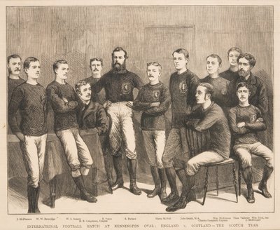 Internasjonal fotballkamp på Kennington Oval: England vs. Skottland - The Scotch Team, fra The Graphic, 1879 av English School
