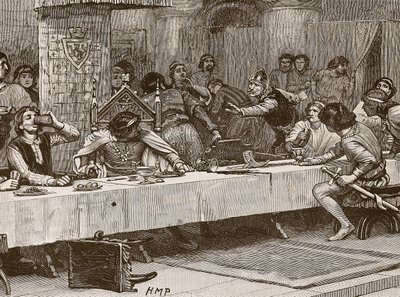 Interrupting Balliols Christmas Dinner, illustrasjon fra Cassells Illustrated History of England (sepia-bilde) av English School