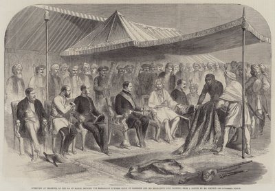 Intervju på Sealkote, den 9. mars, mellom Maharajah Rumbeer Singh fra Cashmere og Hans Eksellens Lord Canning (gravering) av English School