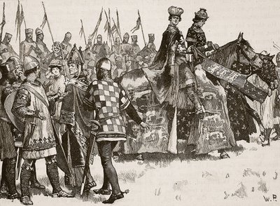 Intervju mellom Becket og kong Henry, illustrasjon fra Cassells Illustrated History of England (sepiafoto) av English School