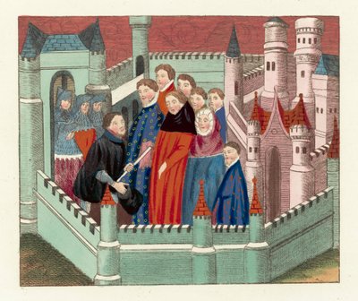 Intervju mellom hertugen av Lancaster og kong Richard II (farget gravering) av English School