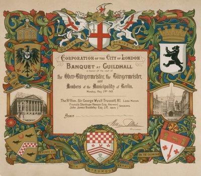 Invitasjon fra Corporation of London til en bankett i Guildhall, 24. mai 1909 av English School