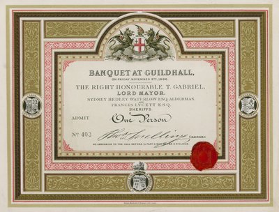 Invitasjon til en bankett i Guildhall, London, 9. november 1866 av English School