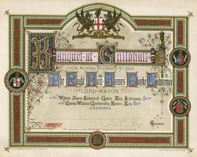 Invitasjon til en bankett i Guildhall, London, 9. november 1868 av English School