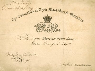 Invitasjon til kroningen av kong William IV og dronning Adelaide av English School