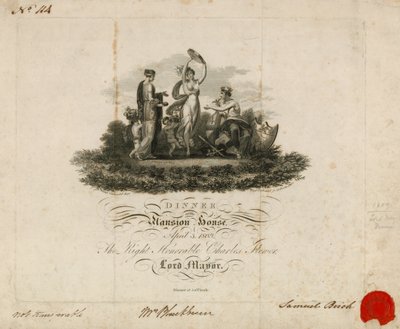 Invitasjon til Lord Mayors-middag i Mansion House, London, 3. april 1809 av English School