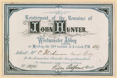 Invitasjon til gjenintermentering av John Hunters forblir i Westminster Abbey, London, 28. mars 1859 av English School