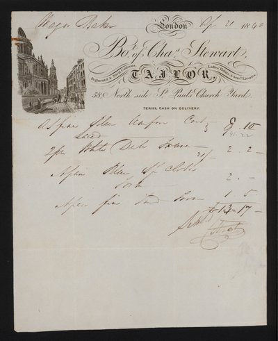 Faktura fra Charles Stewart, skredder, St Paul's Church Yard, London av English School